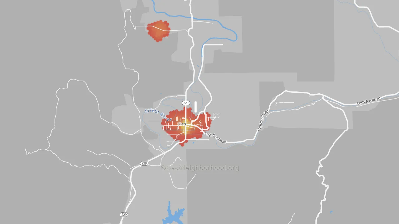 Walk Grade map of 97380, OR, walkable areas in green and car-dependent areas in red