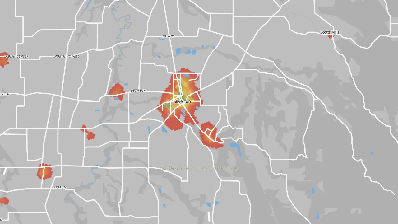 Walk Grade map of 97381, OR, walkable areas in green and car-dependent areas in red