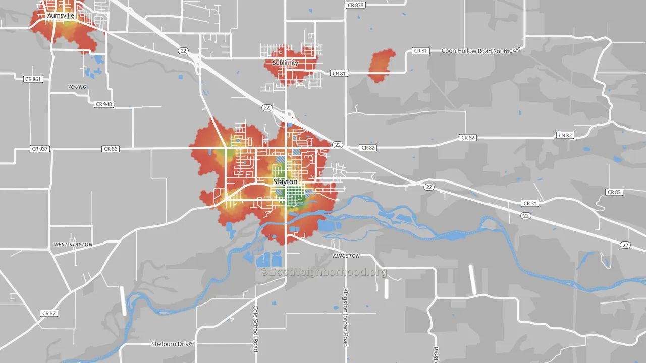 Walk Grade map of 97383, OR, walkable areas in green and car-dependent areas in red