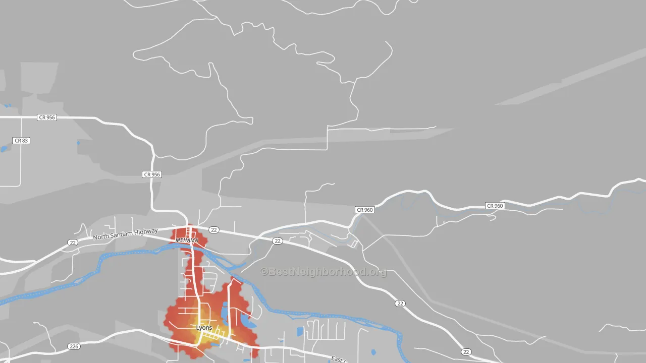 Walk Grade map of 97384, OR, walkable areas in green and car-dependent areas in red