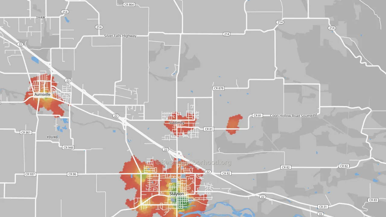 Walk Grade map of 97385, OR, walkable areas in green and car-dependent areas in red