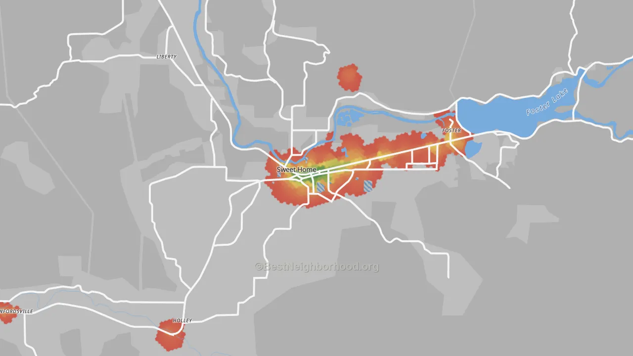 Walk Grade map of 97386, OR, walkable areas in green and car-dependent areas in red