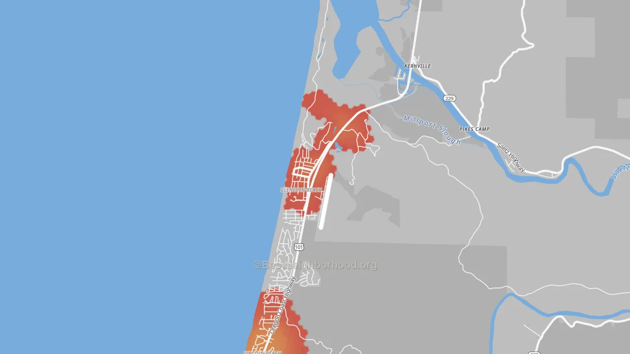 Walk Grade map of 97388, OR, walkable areas in green and car-dependent areas in red