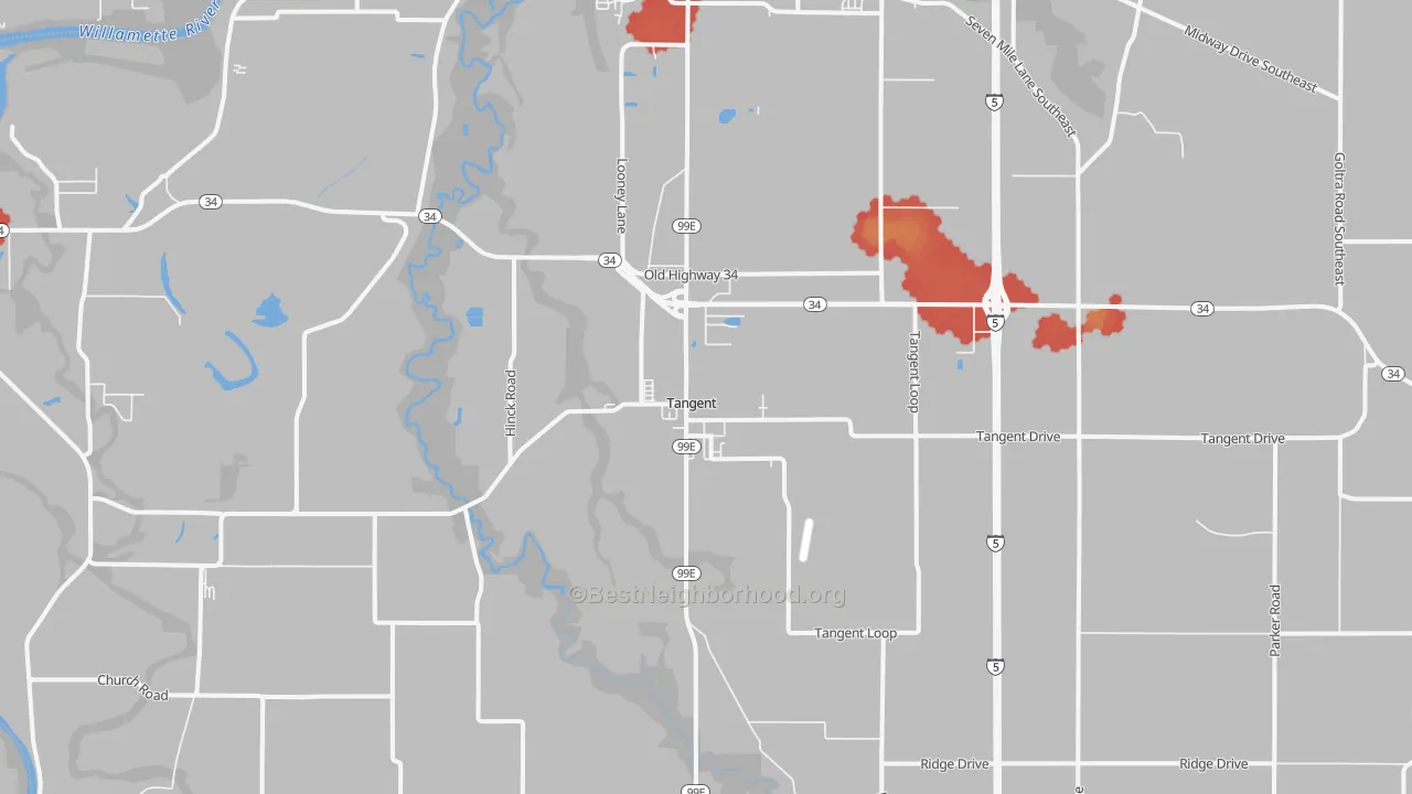 Walk Grade map of 97389, OR, walkable areas in green and car-dependent areas in red