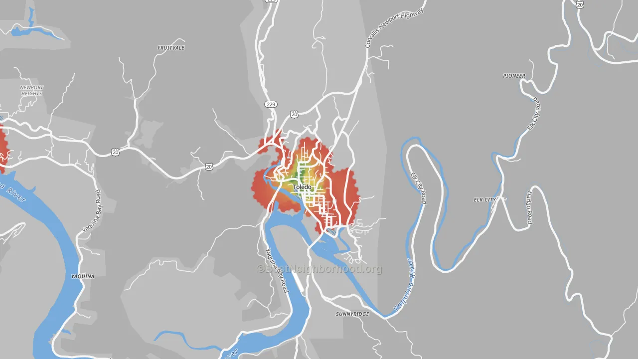 Walk Grade map of 97391, OR, walkable areas in green and car-dependent areas in red