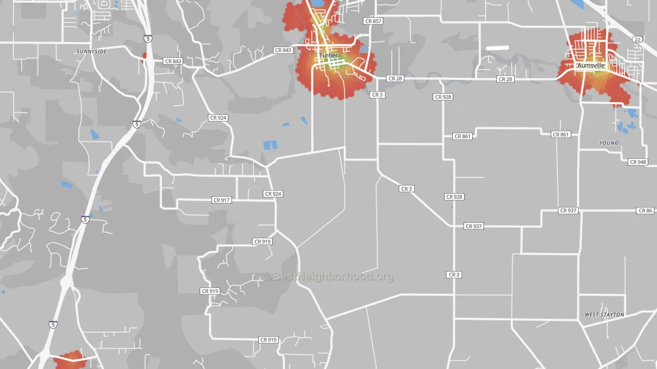 Walk Grade map of 97392, OR, walkable areas in green and car-dependent areas in red
