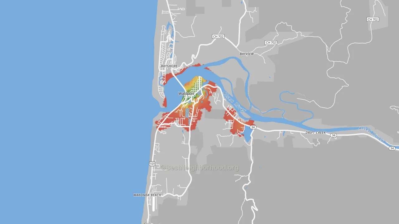 Walk Grade map of 97394, OR, walkable areas in green and car-dependent areas in red