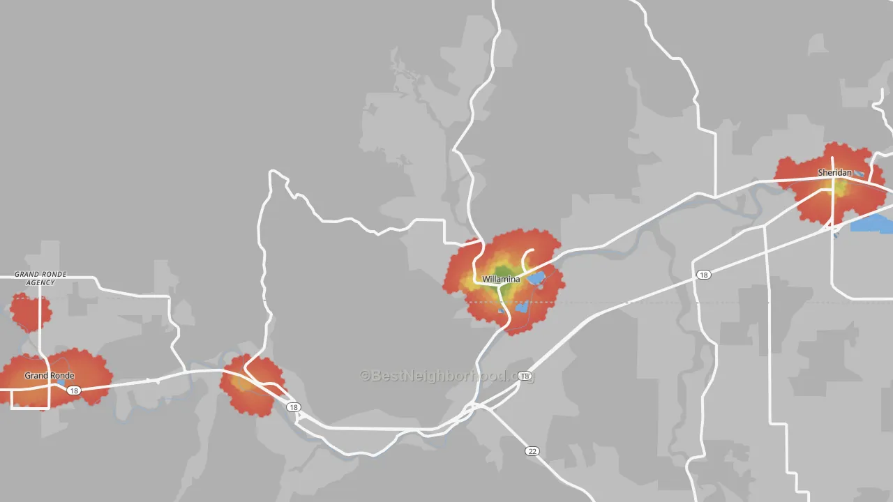 Walk Grade map of 97396, OR, walkable areas in green and car-dependent areas in red