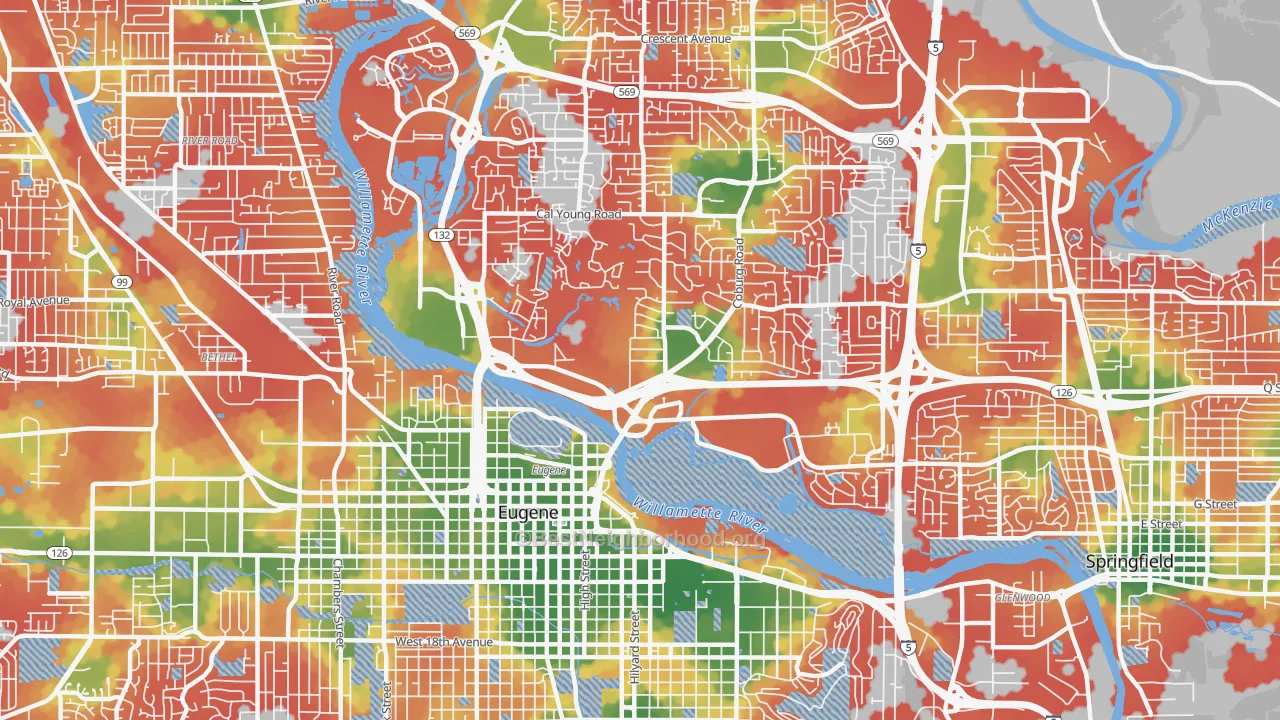 Walk Grade map of 97401, OR, walkable areas in green and car-dependent areas in red