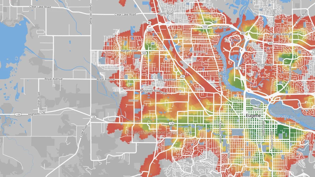 Walk Grade map of 97402, OR, walkable areas in green and car-dependent areas in red