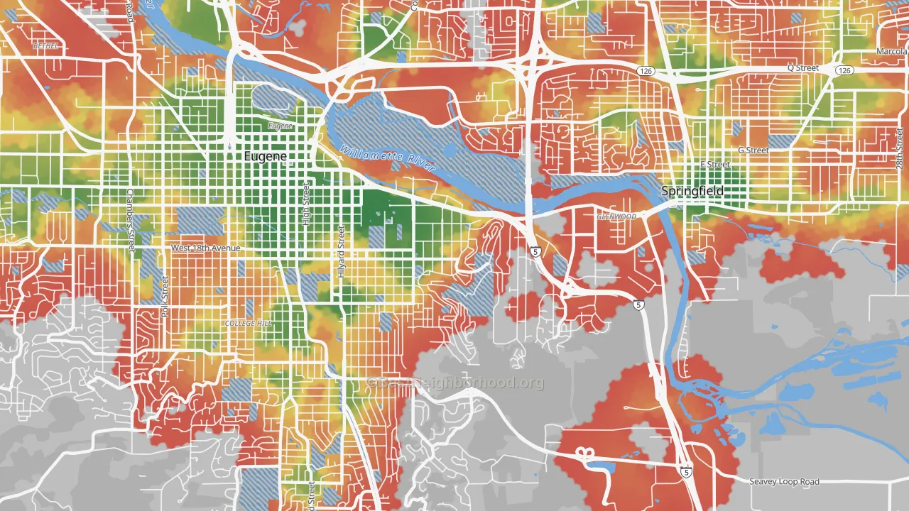 Walk Grade map of 97403, OR, walkable areas in green and car-dependent areas in red