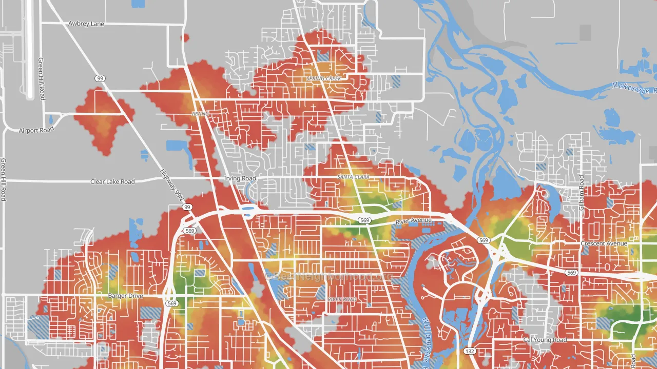 Walk Grade map of 97404, OR, walkable areas in green and car-dependent areas in red