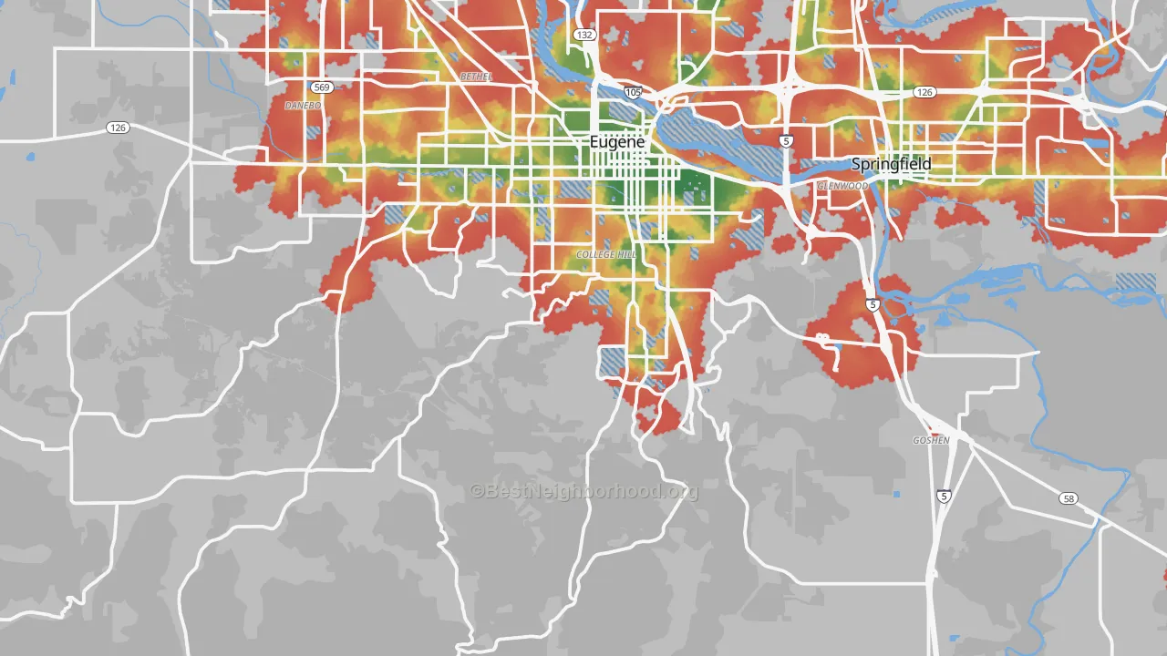 Walk Grade map of 97405, OR, walkable areas in green and car-dependent areas in red
