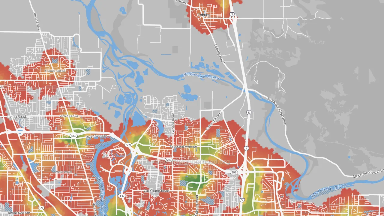 Walk Grade map of 97408, OR, walkable areas in green and car-dependent areas in red