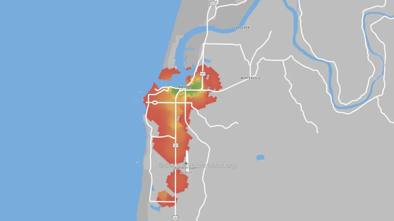 Walk Grade map of 97411, OR, walkable areas in green and car-dependent areas in red