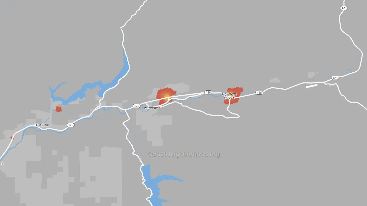 Walk Grade map of 97413, OR, walkable areas in green and car-dependent areas in red