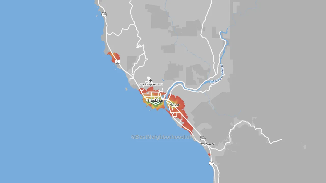 Walk Grade map of 97415, OR, walkable areas in green and car-dependent areas in red