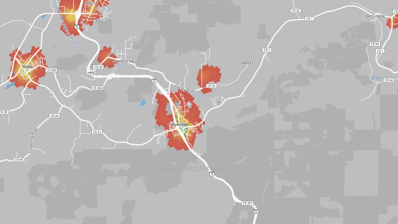 Walk Grade map of 97417, OR, walkable areas in green and car-dependent areas in red