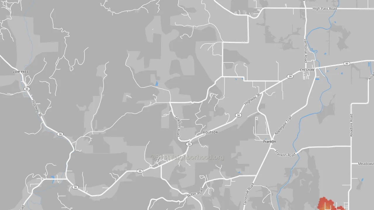 Walk Grade map of 97419, OR, walkable areas in green and car-dependent areas in red