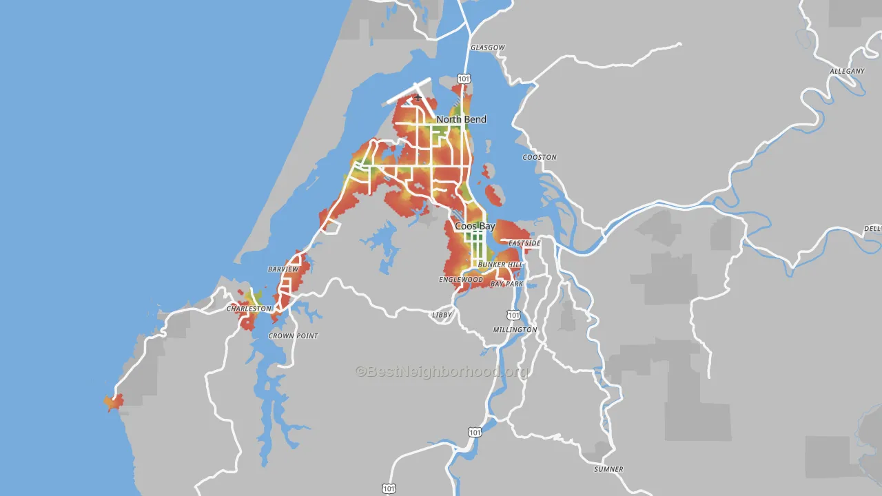 Walk Grade map of 97420, OR, walkable areas in green and car-dependent areas in red