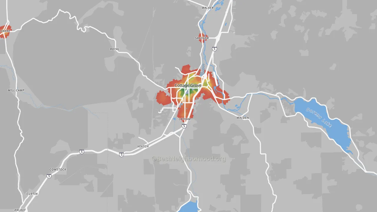 Walk Grade map of 97424, OR, walkable areas in green and car-dependent areas in red