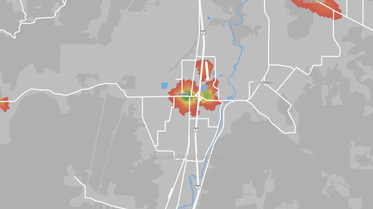 Walk Grade map of 97426, OR, walkable areas in green and car-dependent areas in red