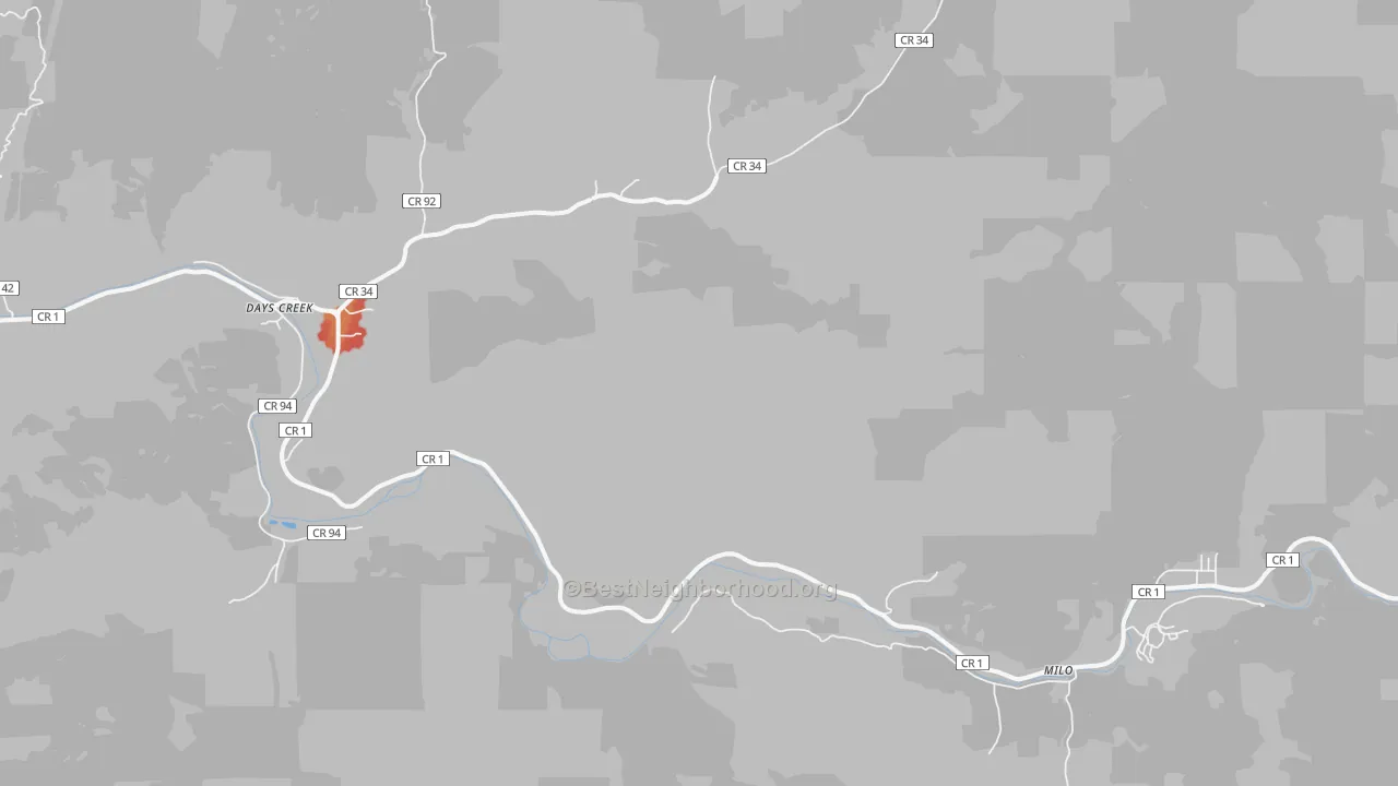 Walk Grade map of 97429, OR, walkable areas in green and car-dependent areas in red