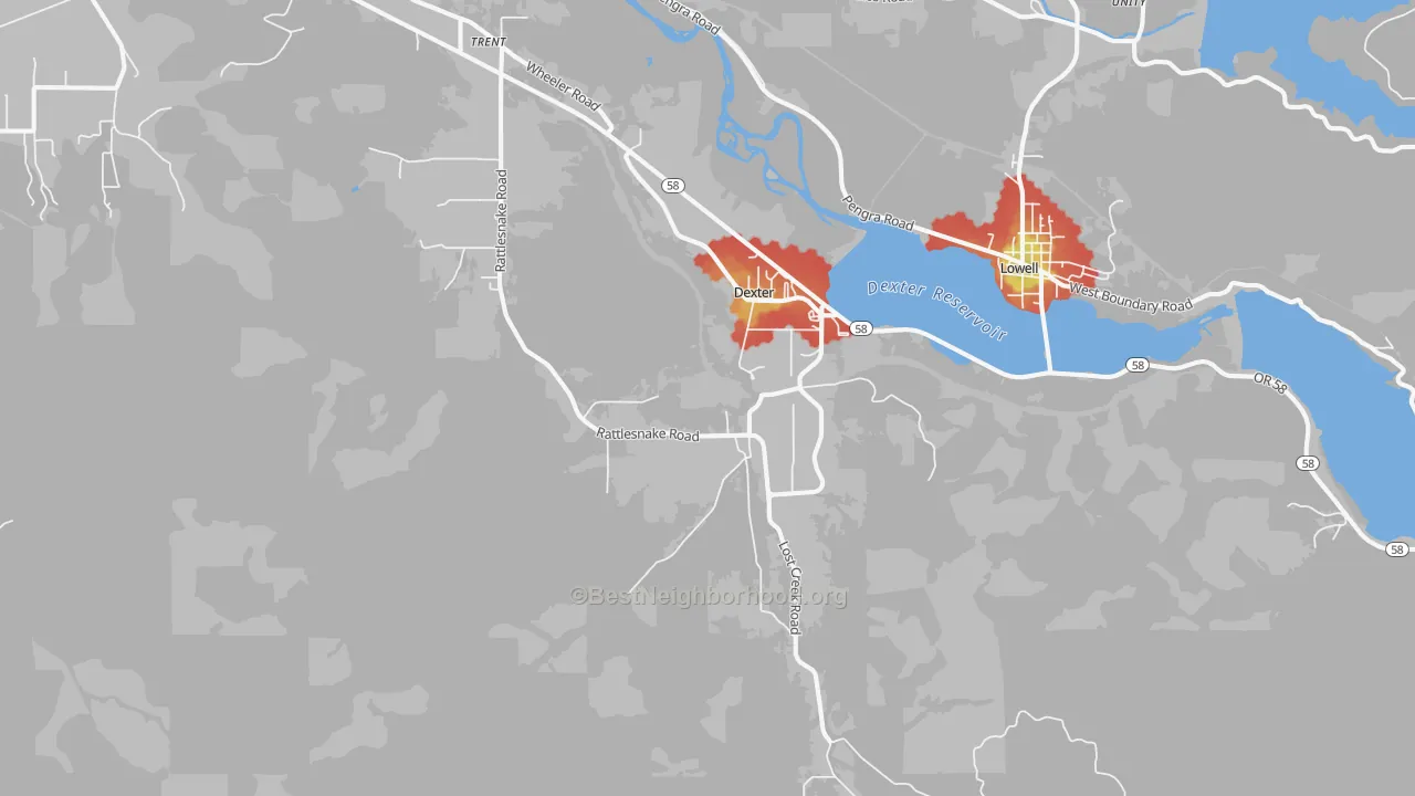 Walk Grade map of 97431, OR, walkable areas in green and car-dependent areas in red