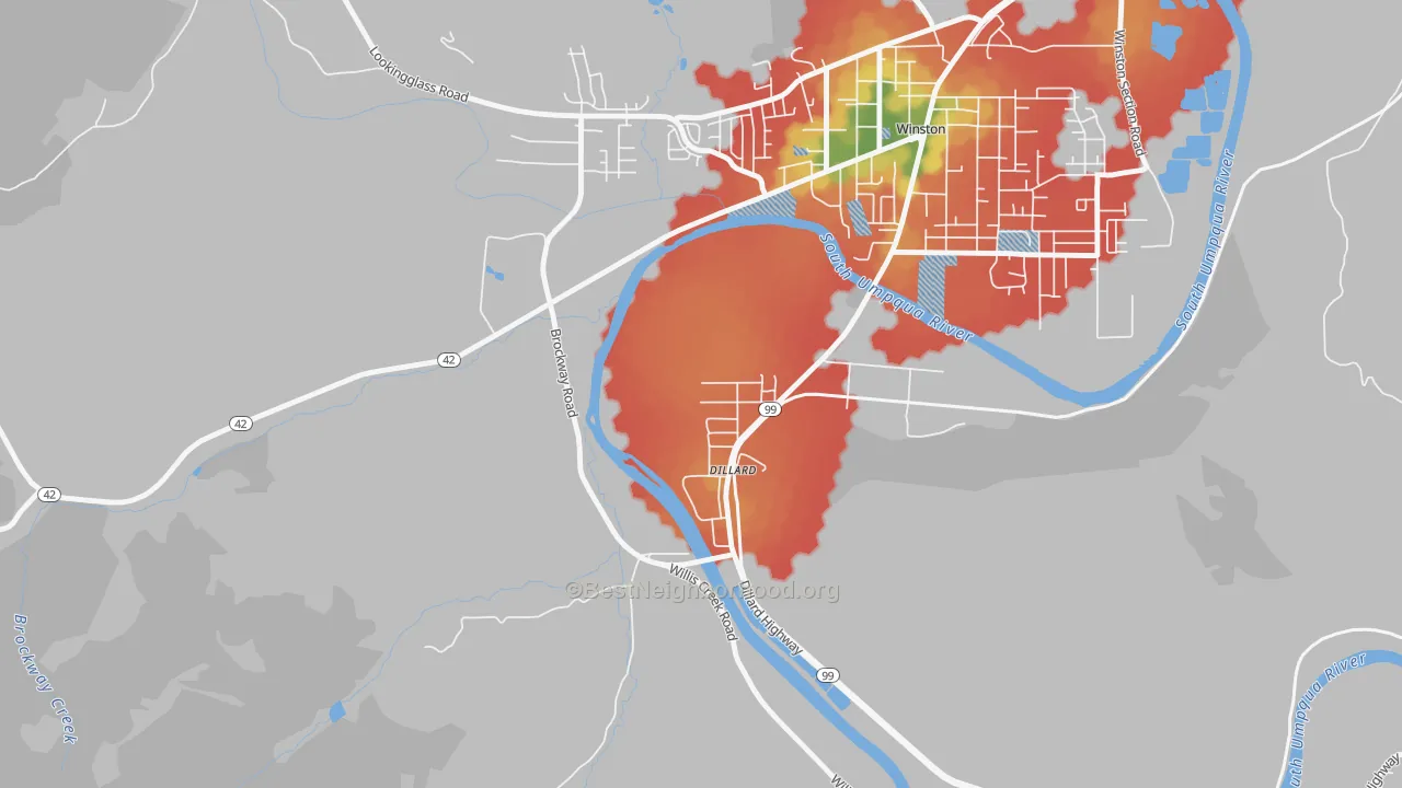 Walk Grade map of 97432, OR, walkable areas in green and car-dependent areas in red