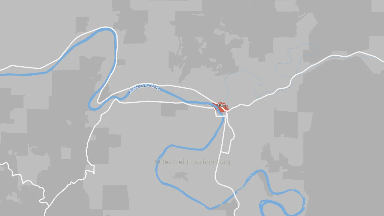 Walk Grade map of 97436, OR, walkable areas in green and car-dependent areas in red