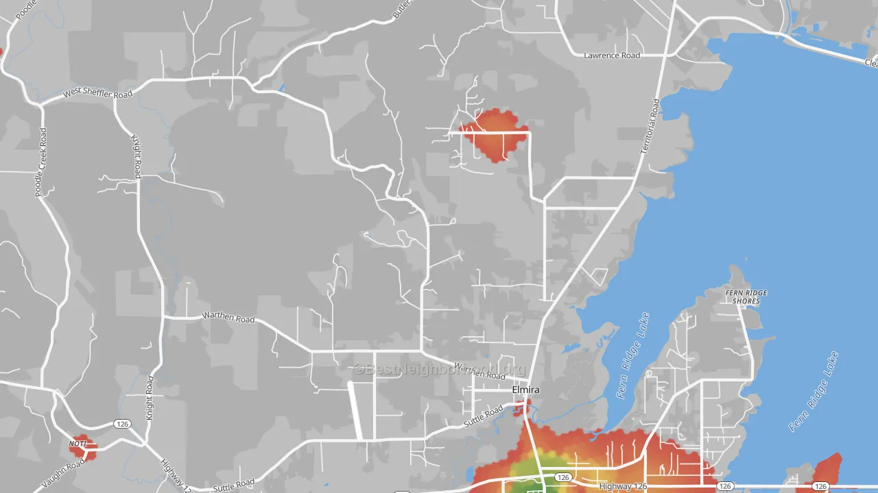 Walk Grade map of 97437, OR, walkable areas in green and car-dependent areas in red