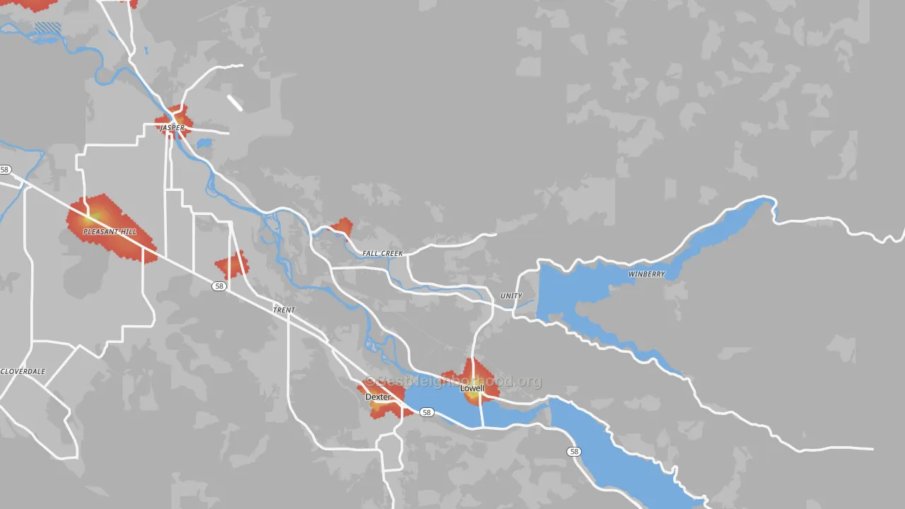 Walk Grade map of 97438, OR, walkable areas in green and car-dependent areas in red