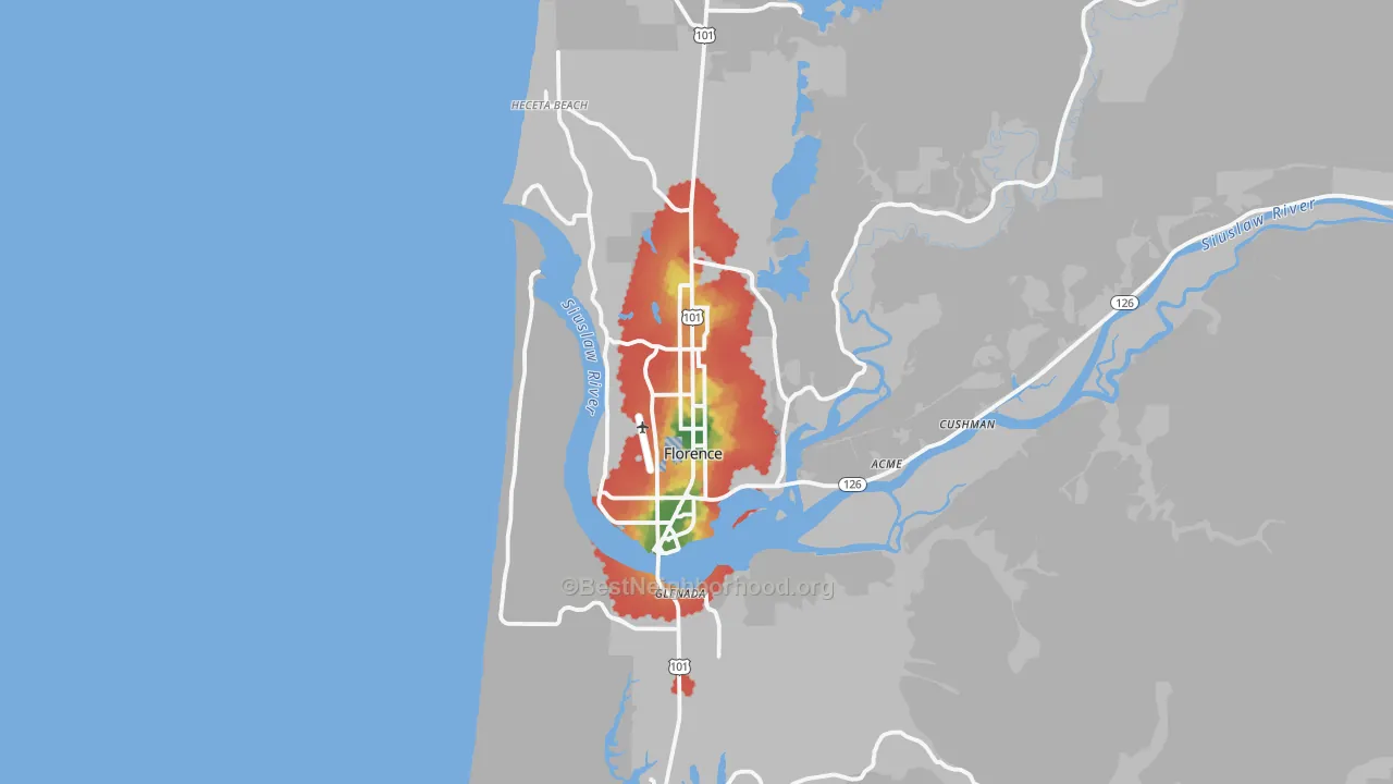 Walk Grade map of 97439, OR, walkable areas in green and car-dependent areas in red