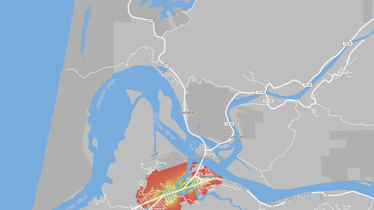 Walk Grade map of 97441, OR, walkable areas in green and car-dependent areas in red