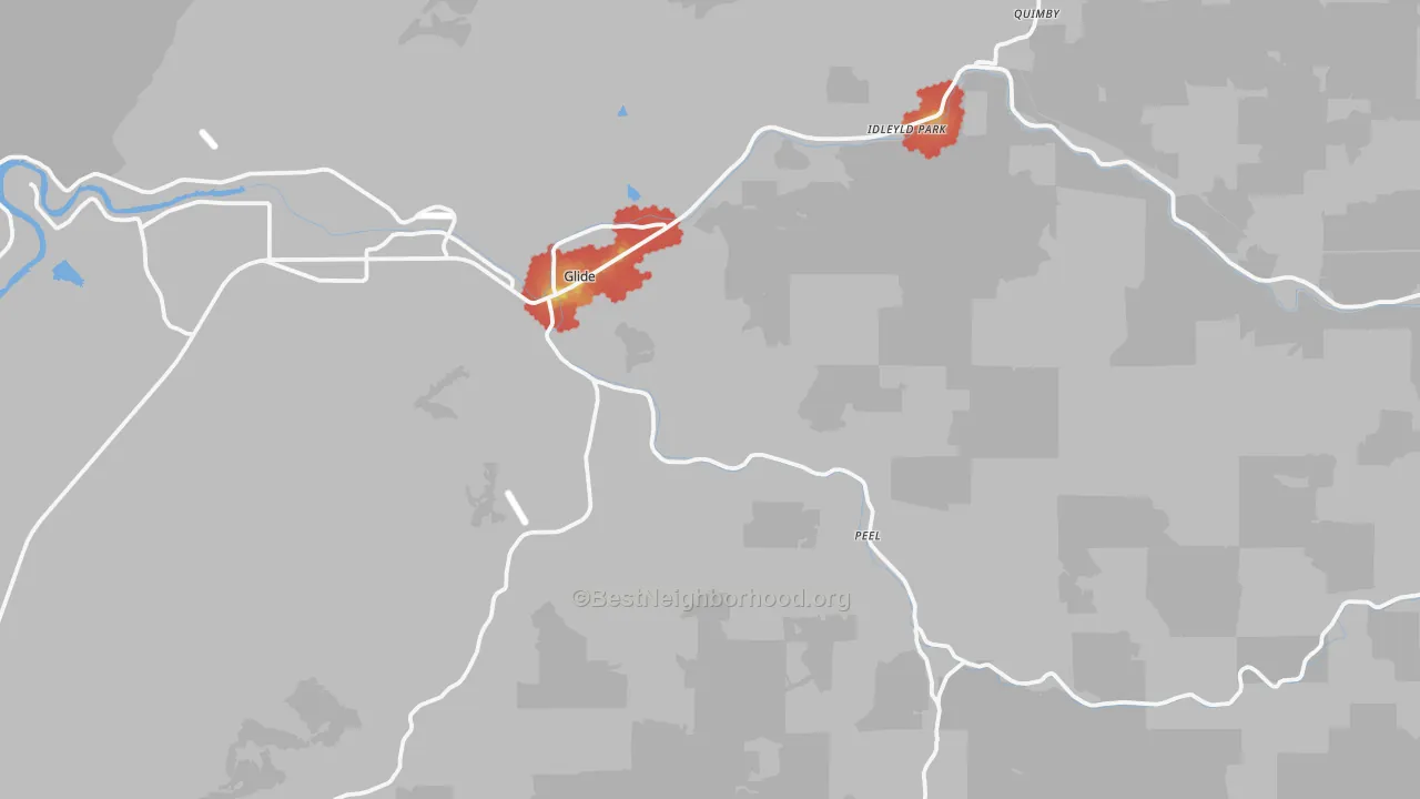 Walk Grade map of 97443, OR, walkable areas in green and car-dependent areas in red