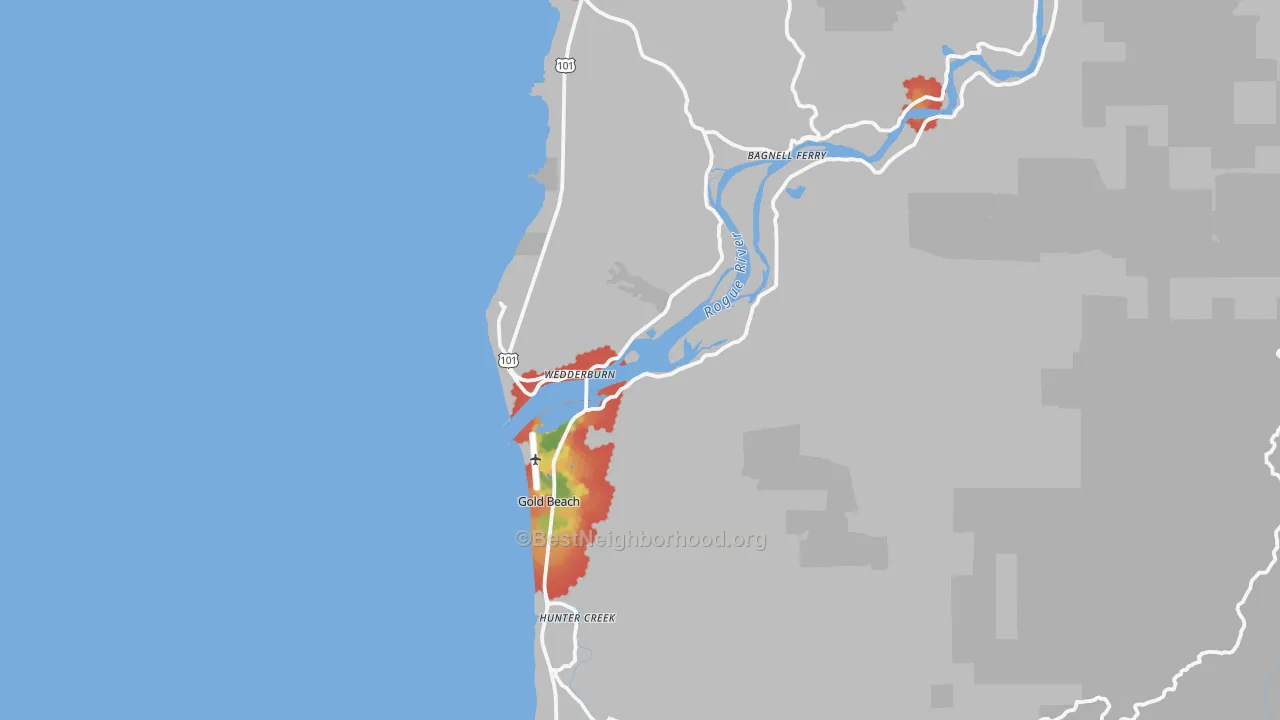 Walk Grade map of 97444, OR, walkable areas in green and car-dependent areas in red