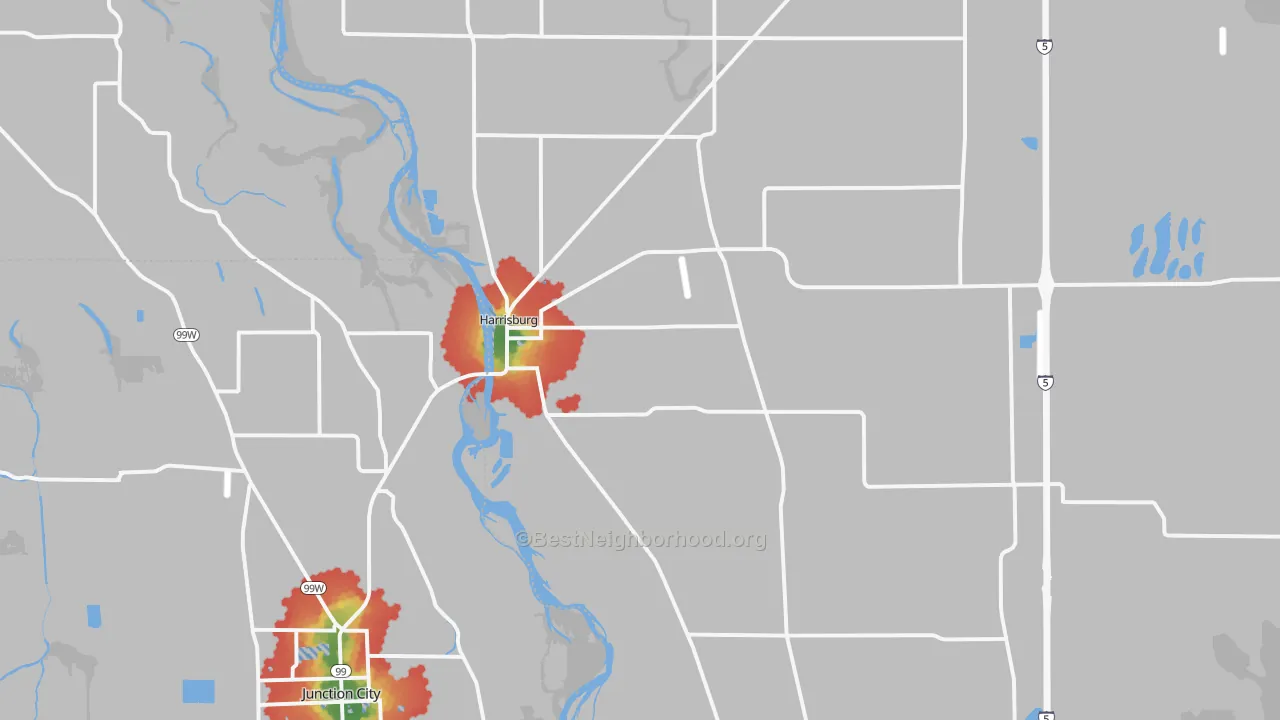 Walk Grade map of 97446, OR, walkable areas in green and car-dependent areas in red