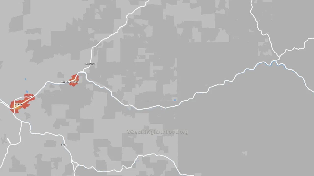Walk Grade map of 97447, OR, walkable areas in green and car-dependent areas in red