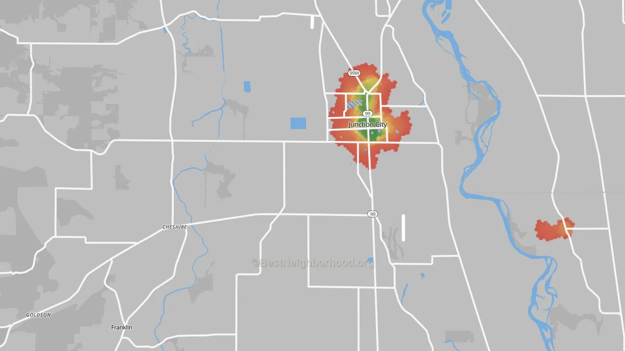 Walk Grade map of 97448, OR, walkable areas in green and car-dependent areas in red