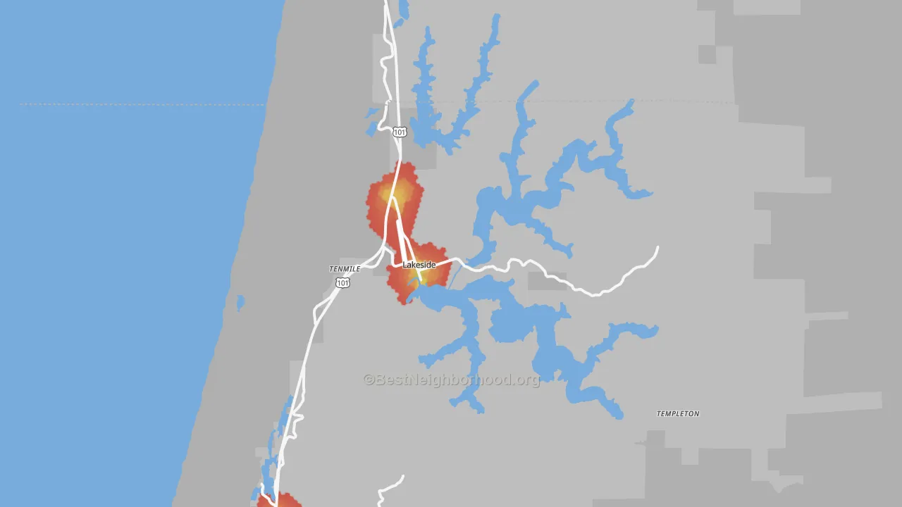 Walk Grade map of 97449, OR, walkable areas in green and car-dependent areas in red