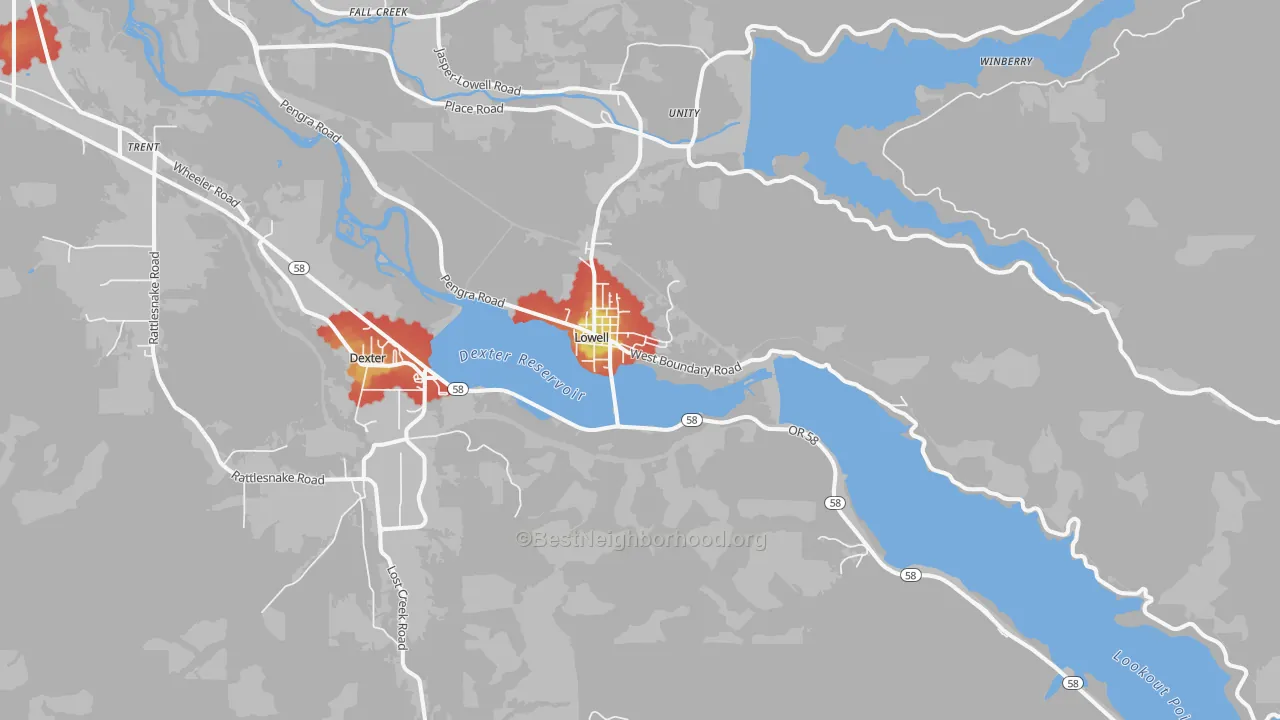 Walk Grade map of 97452, OR, walkable areas in green and car-dependent areas in red