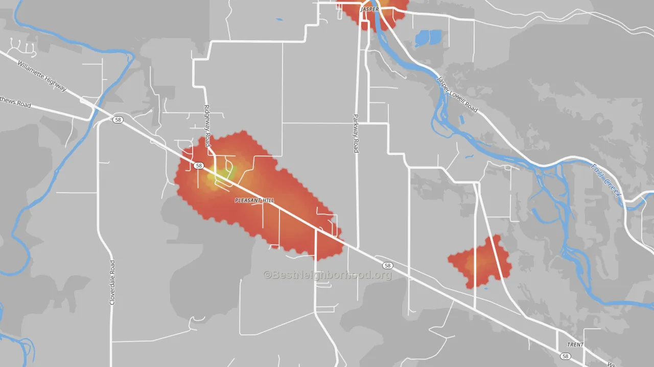 Walk Grade map of 97455, OR, walkable areas in green and car-dependent areas in red