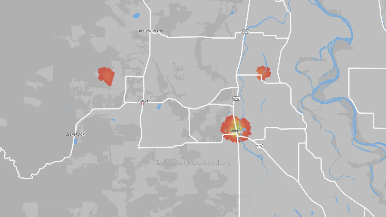 Walk Grade map of 97456, OR, walkable areas in green and car-dependent areas in red