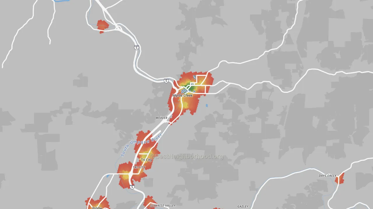Walk Grade map of 97457, OR, walkable areas in green and car-dependent areas in red