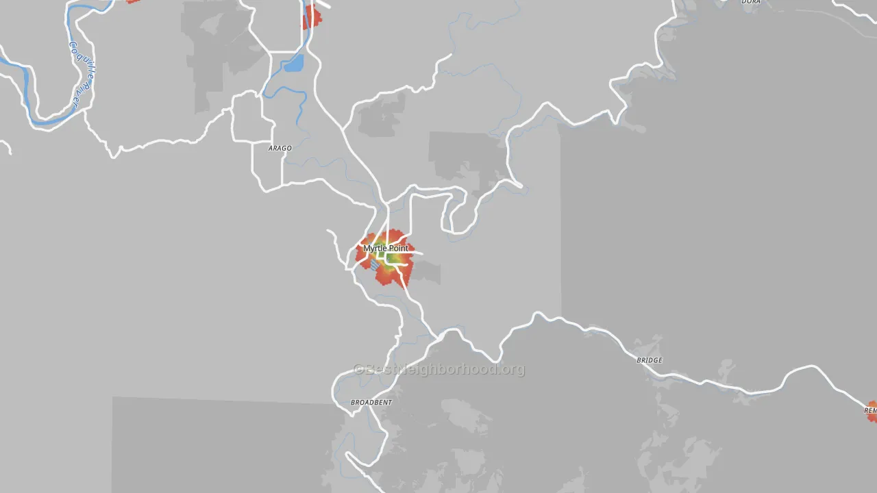 Walk Grade map of 97458, OR, walkable areas in green and car-dependent areas in red
