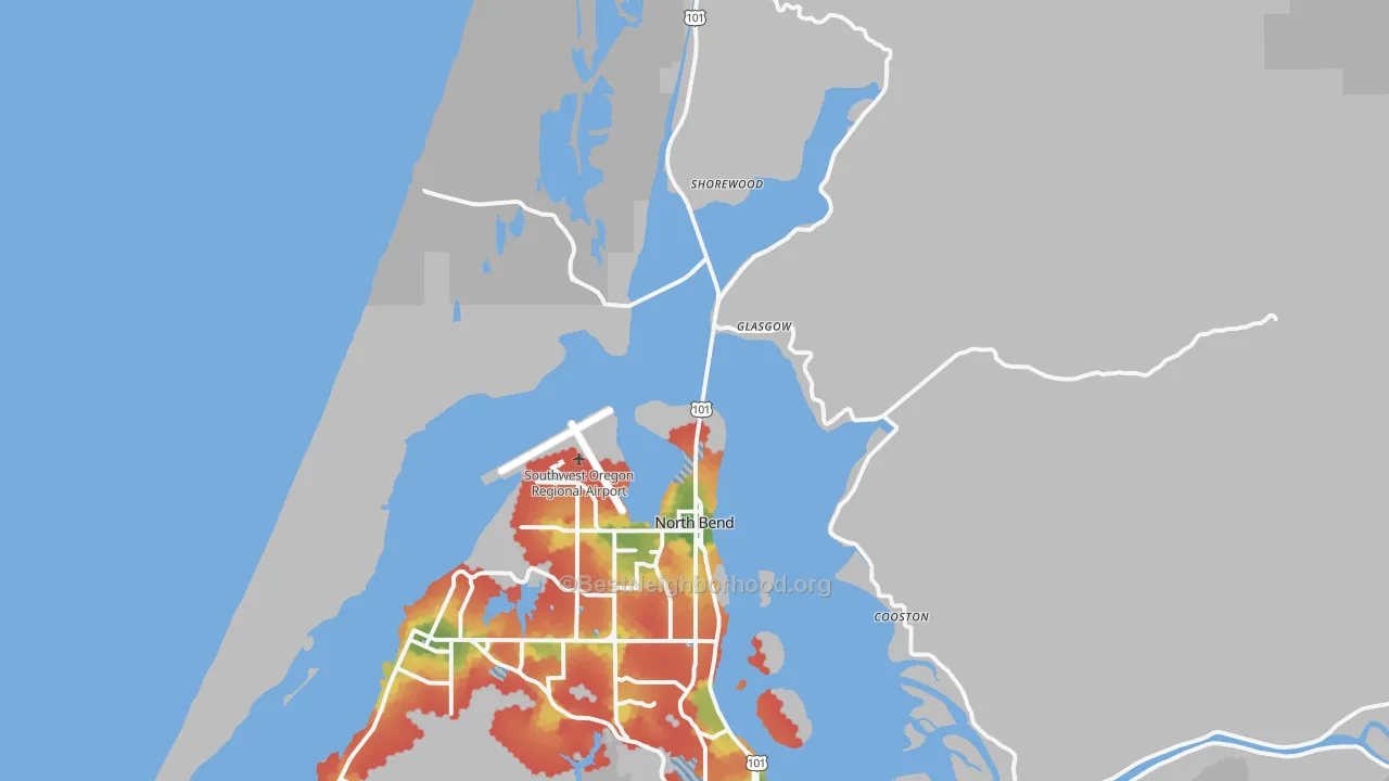 Walk Grade map of 97459, OR, walkable areas in green and car-dependent areas in red