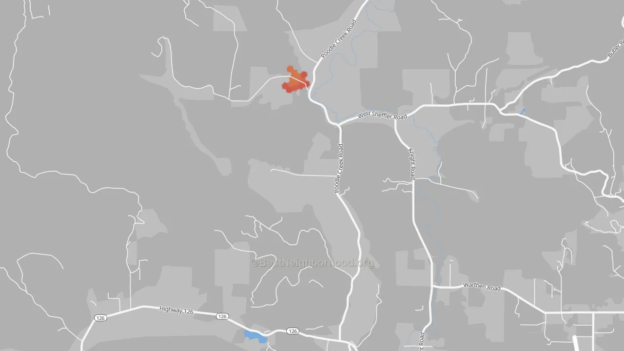Walk Grade map of 97461, OR, walkable areas in green and car-dependent areas in red
