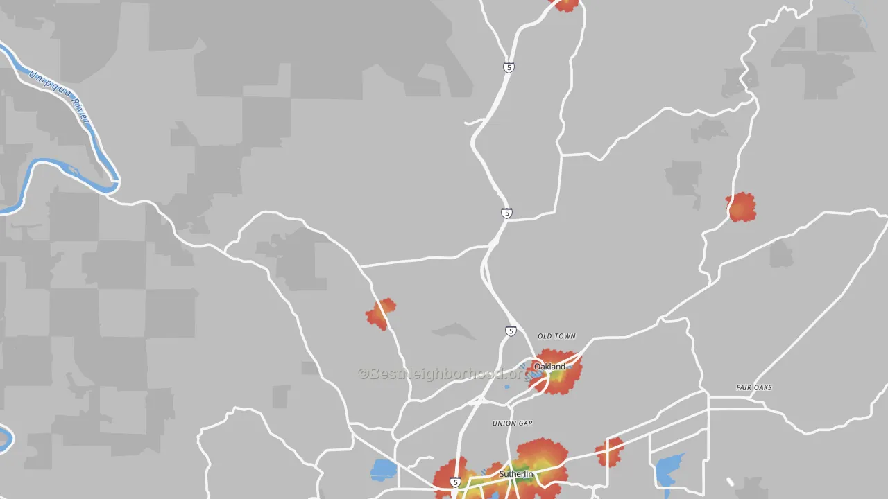 Walk Grade map of 97462, OR, walkable areas in green and car-dependent areas in red
