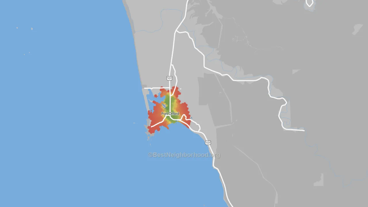Walk Grade map of 97465, OR, walkable areas in green and car-dependent areas in red
