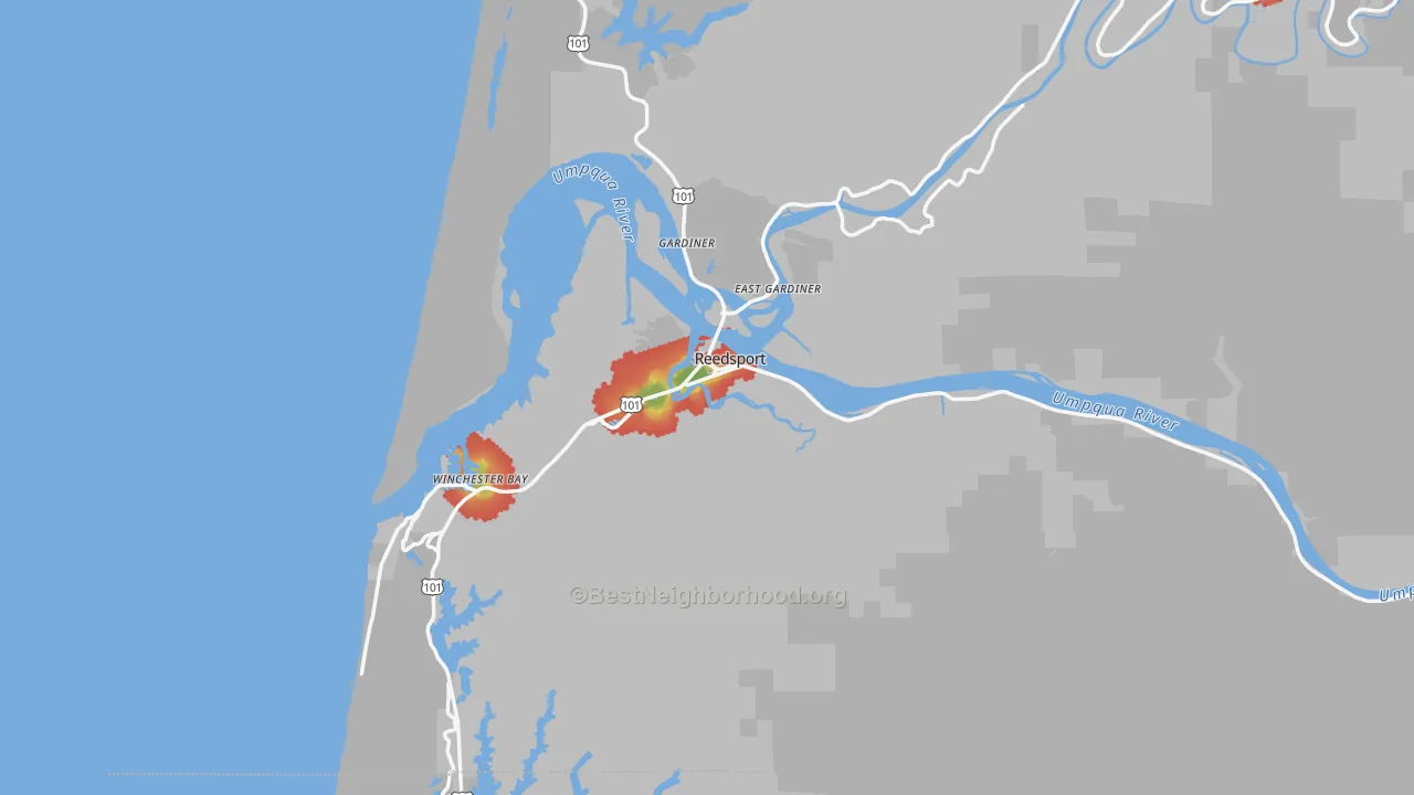 Walk Grade map of 97467, OR, walkable areas in green and car-dependent areas in red